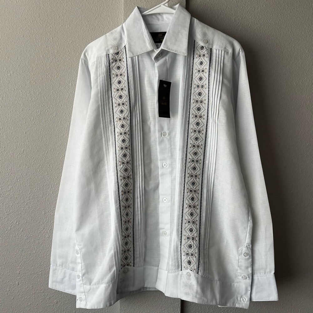 Men’s White Button Down Guayabera w/ Blue & Gold Embroidery